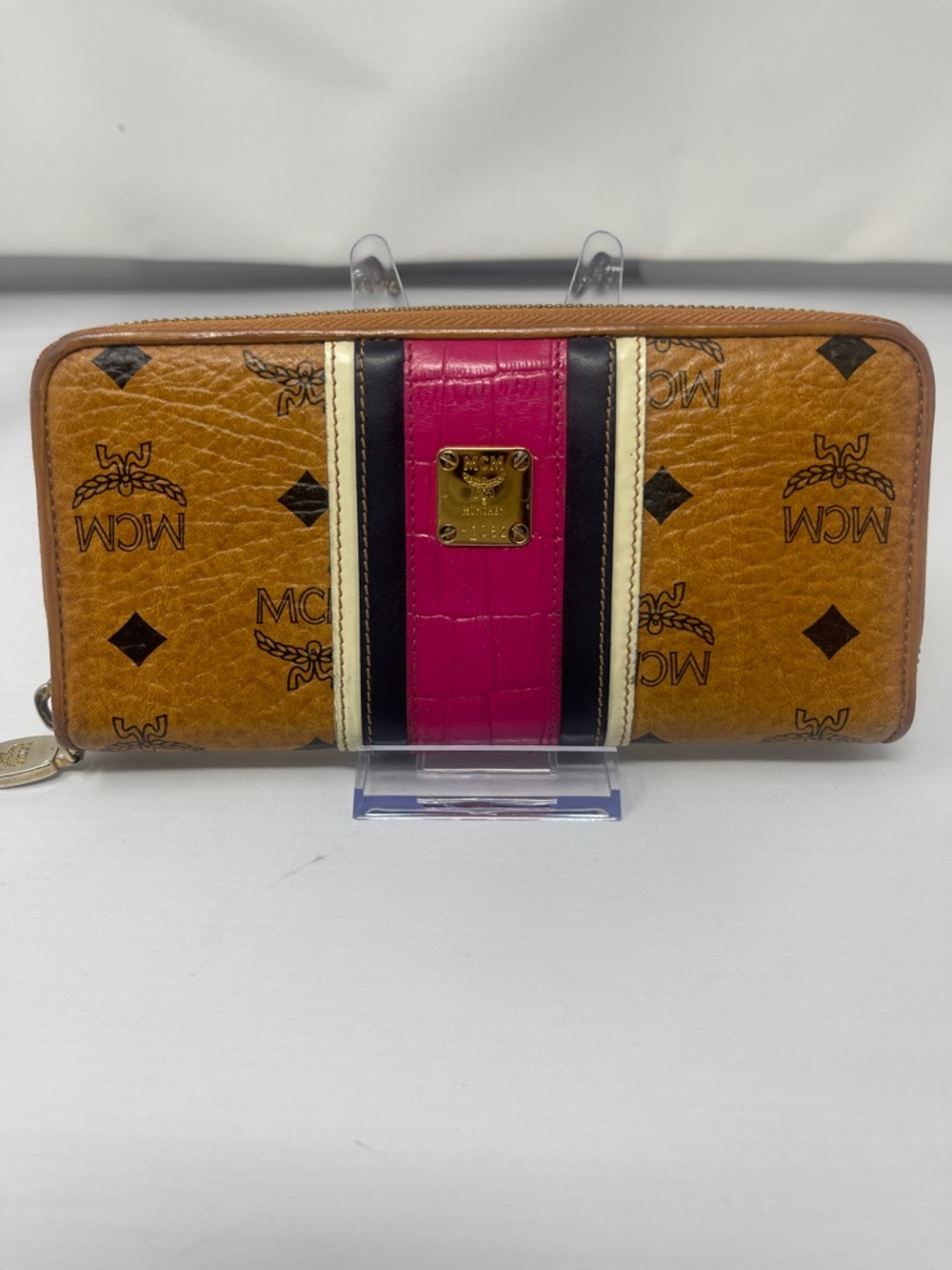MCM Cognac Logo Zip Wallet with Pink and Black Stripe